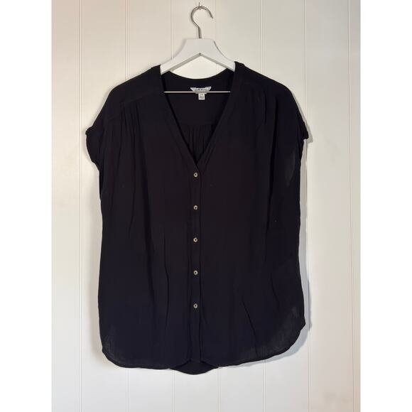 Orvis Short Sleeve Button Front Blouse V-Neckline Black Size Large - Picture 2 of 9